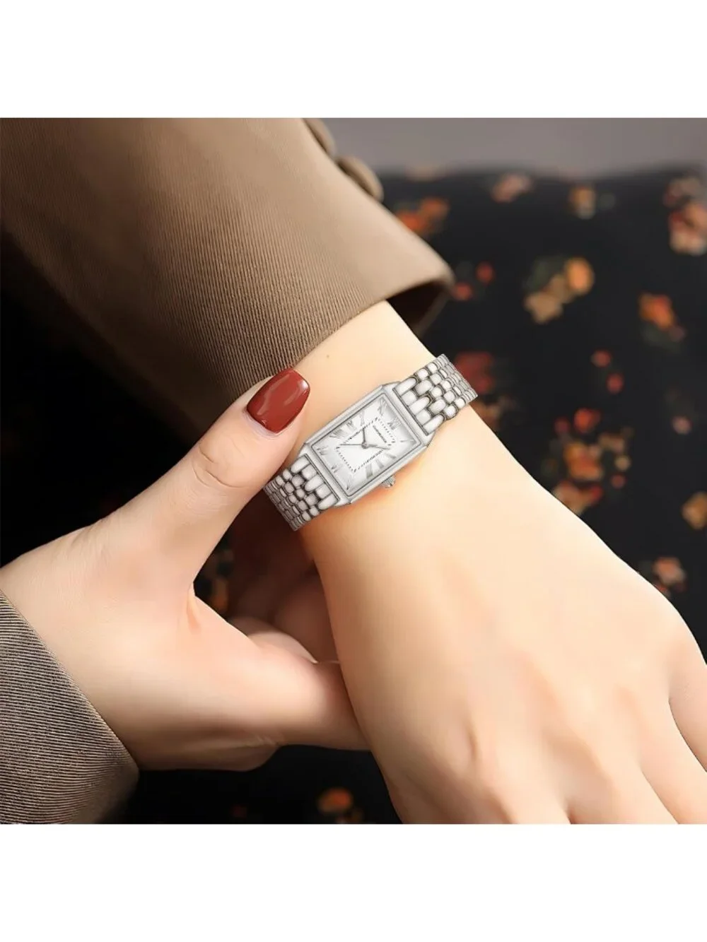 Vintage Gold Women's Watch, Rectangular Case, White Roman Dial, Stainless Steel